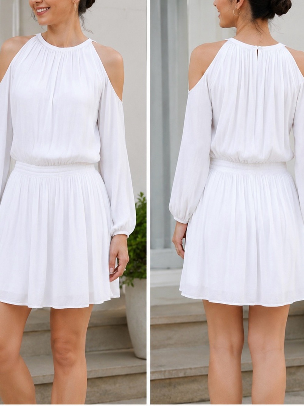 Ramy Brook New York cold shoulder white chiffon long-sleeve dress,